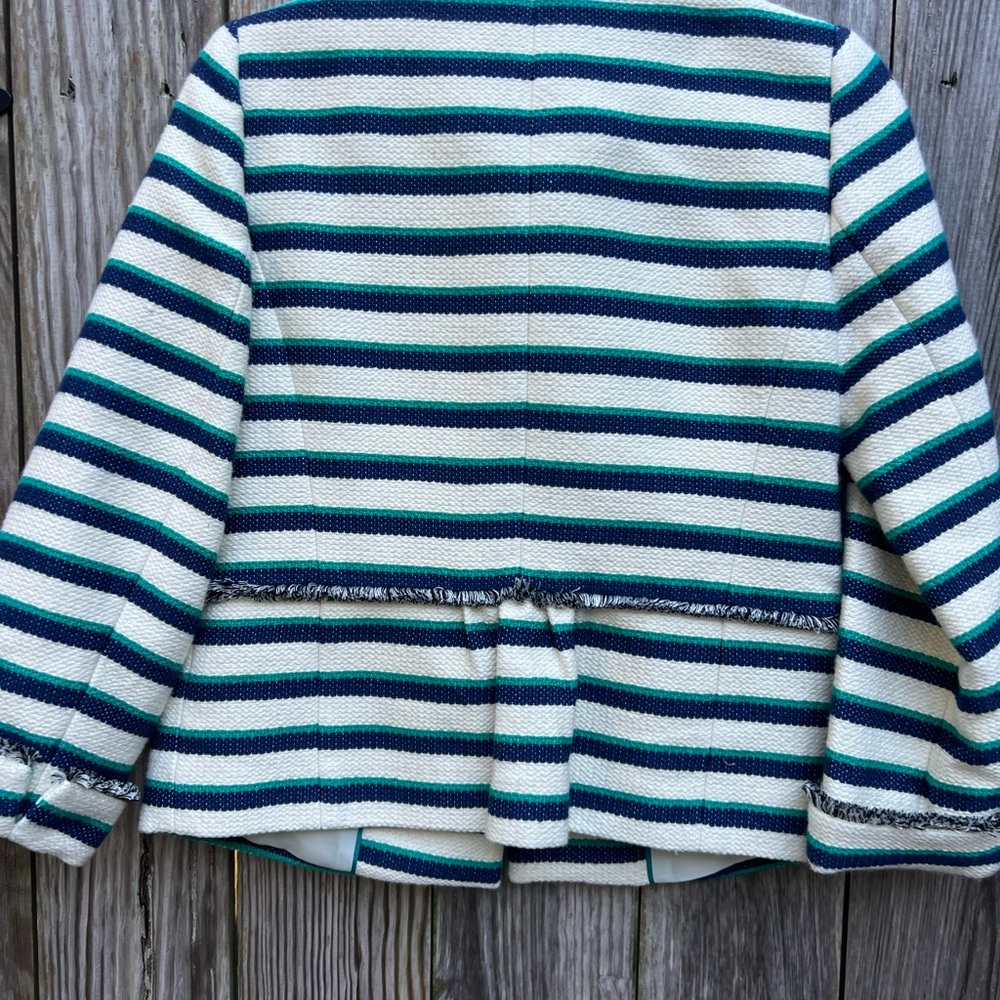 TALBOTS Tweed White Navy Jade Green Stripe Blazer Women’s 2P NWT NEW - Picture 15 of 16